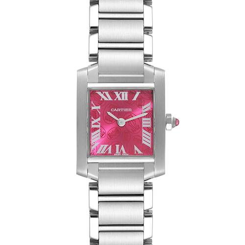 This image shows a front view of the Cartier Tank Française watch, focusing on the face and part of the metal bracelet.