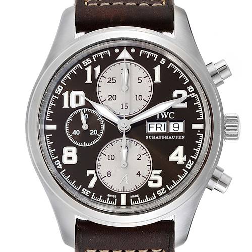 This image shows a frontal view of an IWC Pilot IW371709 Men's Stainless Steel Brown Dial IW371709 Men's Stainless Steel Brown Dial model watch, displaying its dial, hands, subdials, crown, and pushers.