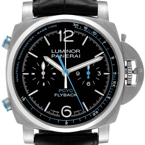 The image shows a front view of a Panerai Luminor PAM00764 Men's Titanium Black Dial PAM00764 Men's Titanium Black Dial watch, displaying its dial, crown, and strap.