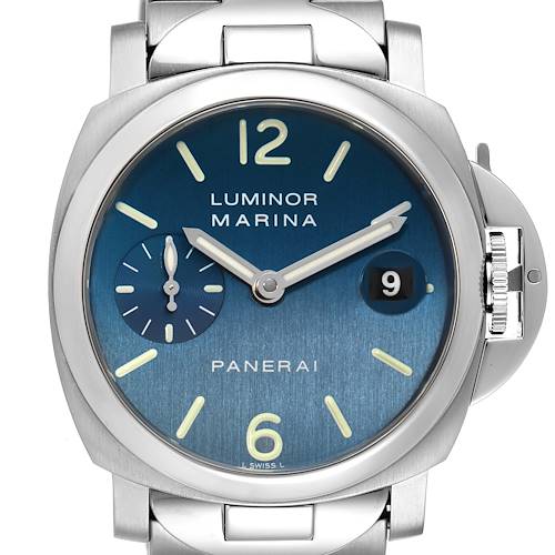 The image shows a front view of a Panerai Luminor PAM00120 Men's Stainless Steel Blue Dial PAM00120 Men's Stainless Steel Blue Dial model watch featuring a blue dial, date window, and sub-dial.