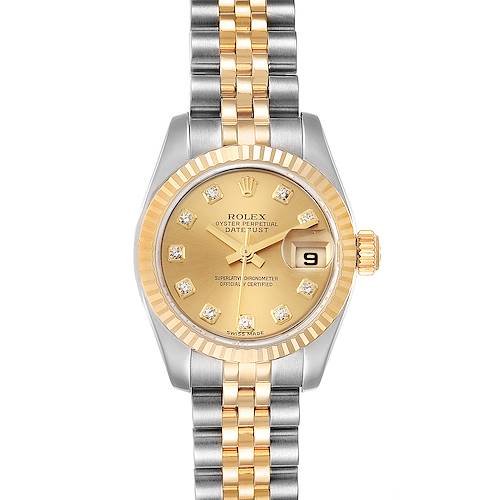 The image shows a frontal view of the Rolex Datejust 179173 Women's Steel and Gold (two tone) Champagne Dial 179173 Women's Steel and Gold (two tone) Champagne Dial watch, highlighting its gold and silver Jubilee bracelet and diamond-set champagne dial.