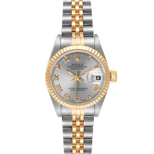 The image shows a front view of the Rolex Datejust 69173 Women's Steel and Gold (two tone) Grey Dial 69173 Women's Steel and Gold (two tone) Grey Dial watch, highlighting its silver dial, gold fluted bezel, and two-tone bracelet.
