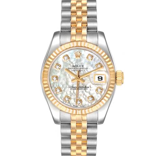 This is a front view of the Rolex Datejust 179173 Women's Steel and Gold (two tone) Mother of Pearl Dial 179173 Women's Steel and Gold (two tone) Mother of Pearl Dial watch, displaying the face, bezel, and bracelet.