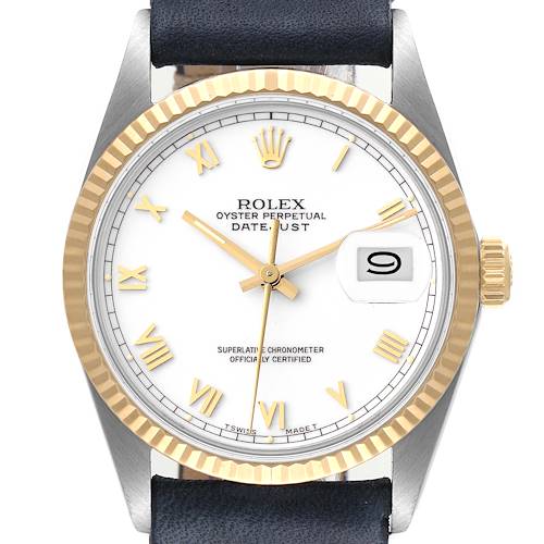 The image shows a front view of a Rolex Vintage Collection 16013 Men's Steel and Gold (two tone) White Dial 16013 Men's Steel and Gold (two tone) White Dial Datejust watch, featuring a gold bezel, white dial, and Roman numeral markers.