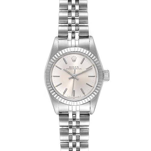 This is a front view of a Rolex Oyster Perpetual 67194 Women's Stainless Steel Silver Dial 67194 Women's Stainless Steel Silver Dial watch, showing the face, bezel, and bracelet.