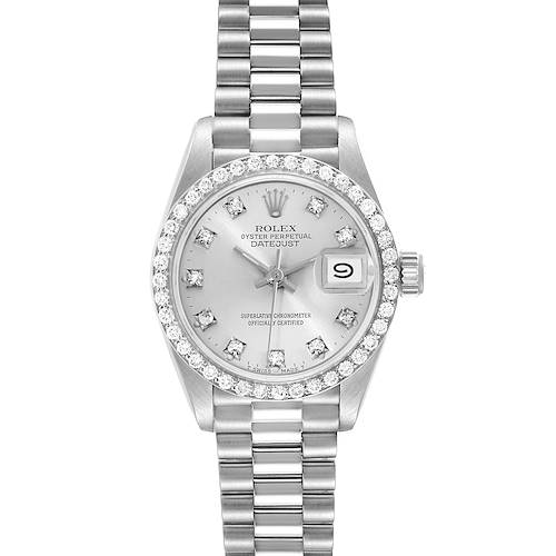 This Rolex President 69139 Women's White Gold Silver Dial 69139 Women's White Gold Silver Dial model is shown from the front, displaying the dial, date window, bezel, and bracelet.
