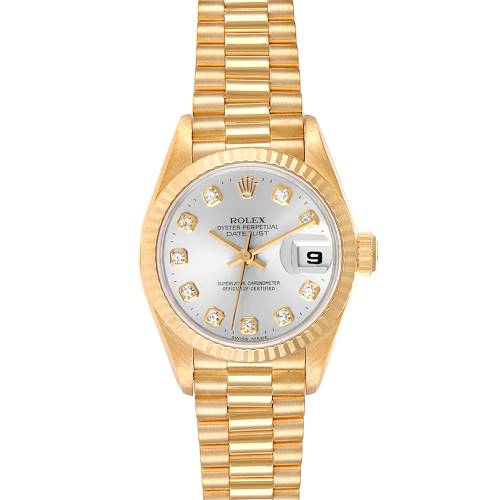 This image shows a frontal view of a Rolex President 69178 Women's Yellow Gold Silver Dial 69178 Women's Yellow Gold Silver Dial model with a gold case, bracelet, and a white dial with date display.