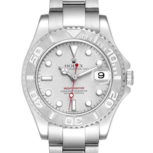 This is a front view of the Rolex Yacht-Master 168622 Men's Stainless Steel Silver Dial 168622 Men's Stainless Steel Silver Dial watch, showing the dial, bezel, and bracelet.