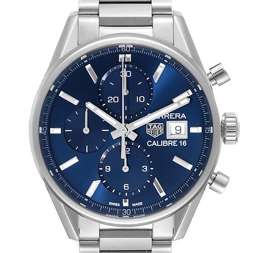 This image shows a frontal view of the Tag Heuer Carrera CBK2112.BA0715 Men's Stainless Steel Blue Dial CBK2112.BA0715 Men's Stainless Steel Blue Dial Calibre 16 watch, highlighting its dial and bezel.