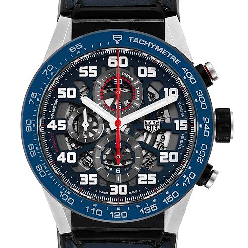 The image shows a front view of the Tag Heuer Carrera CAR2A1N.FT6100 Men's Stainless Steel Blue Dial CAR2A1N.FT6100 Men's Stainless Steel Blue Dial watch, highlighting the dial, tachymeter bezel, and chronograph subdials.