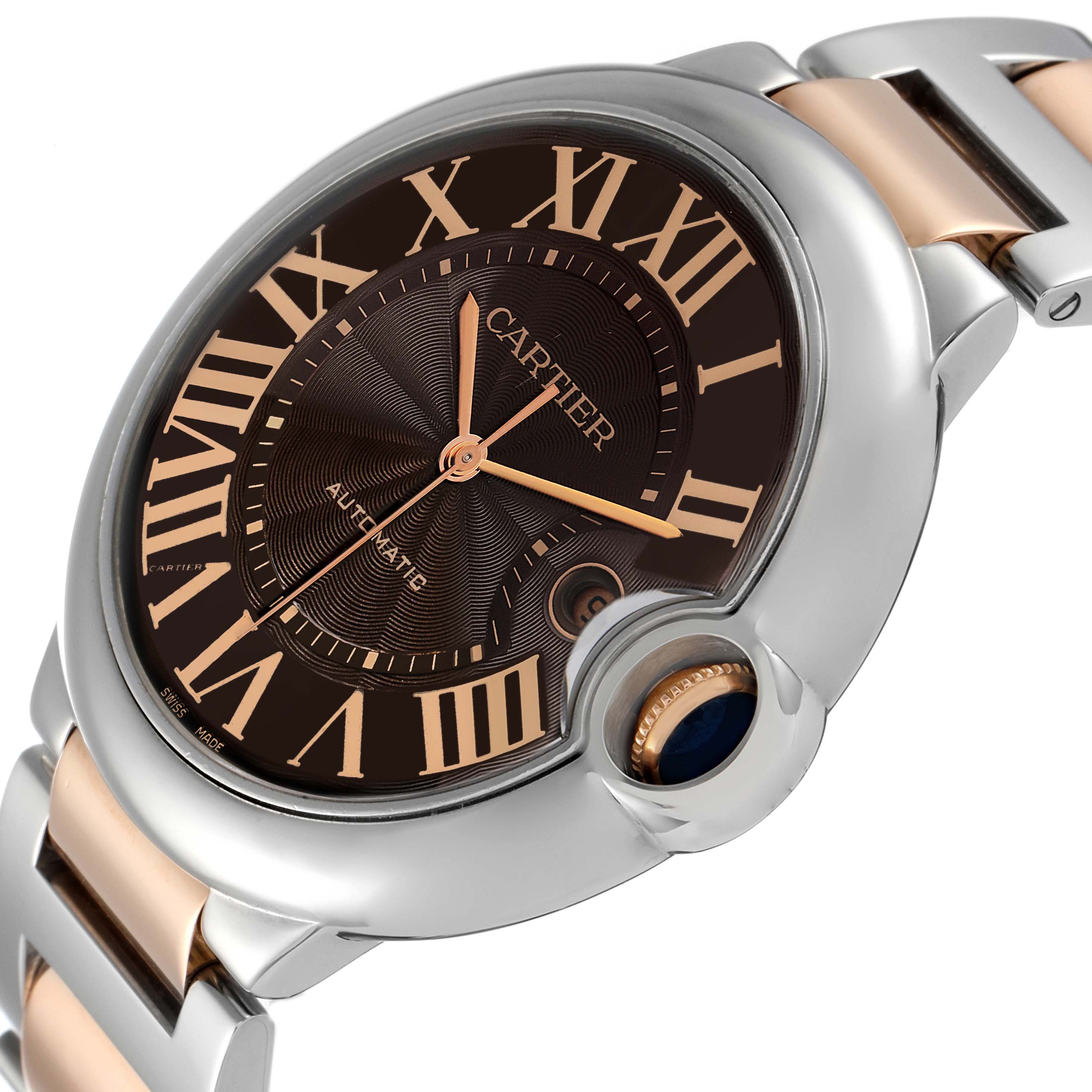 This image shows a close-up angle of the Cartier Ballon Bleu W6920032 Men's Steel and Gold (two tone) Brown Dial W6920032 Men's Steel and Gold (two tone) Brown Dial watch, highlighting its dial and part of the bracelet.