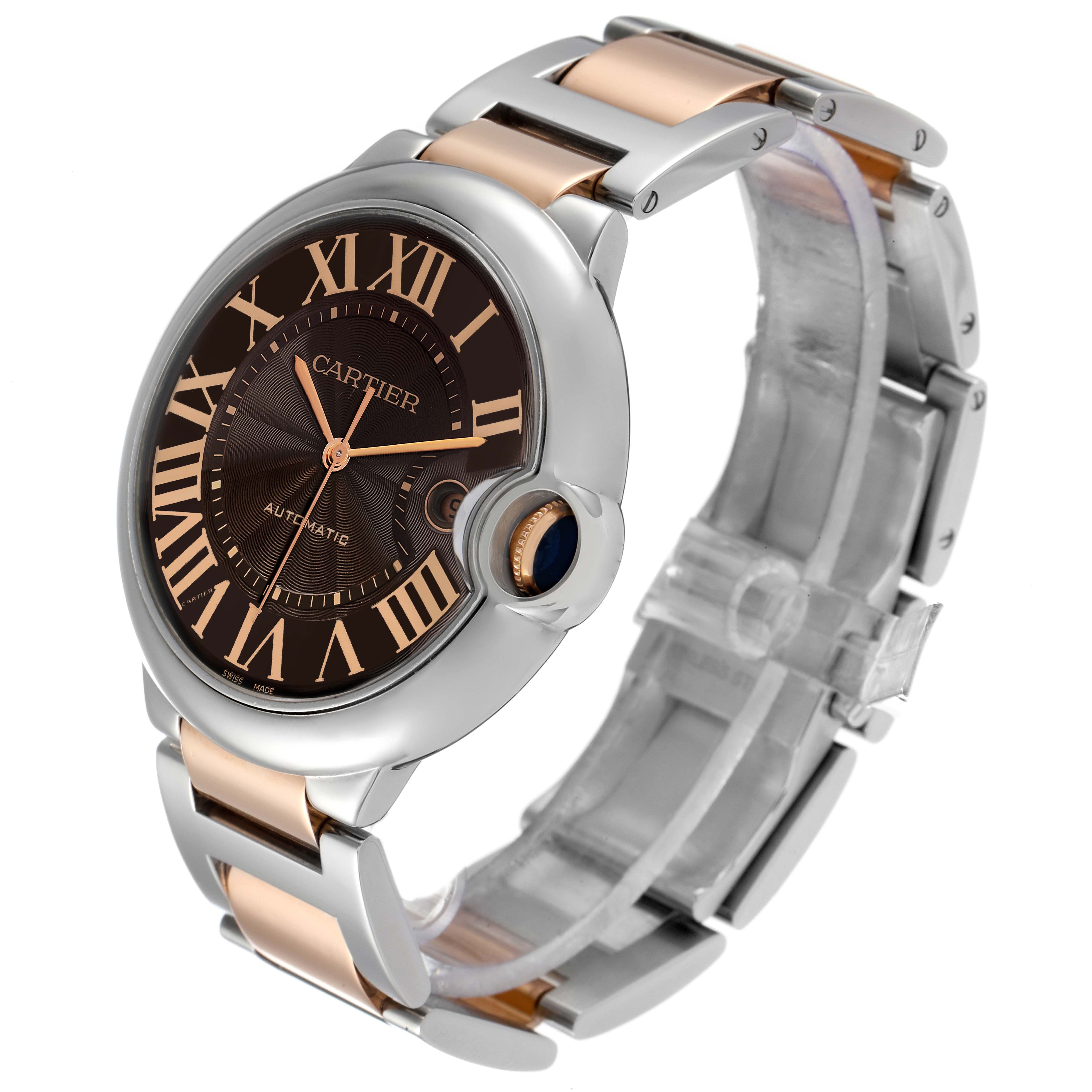 The Cartier Ballon Bleu W6920032 Men's Steel and Gold (two tone) Brown Dial W6920032 Men's Steel and Gold (two tone) Brown Dial watch is shown at a three-quarter angle, highlighting its face, clasp bracelet, and crown.
