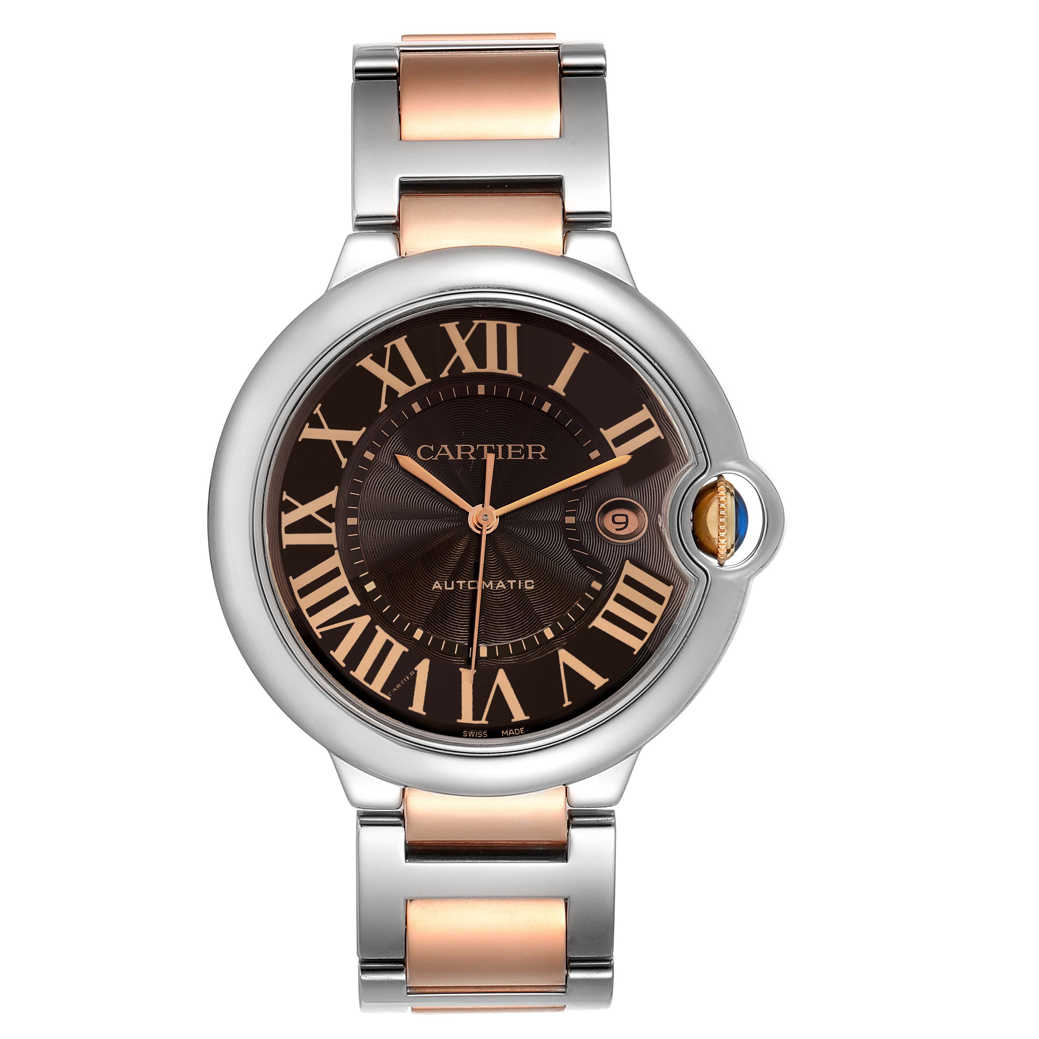The image shows a frontal view of a Cartier Ballon Bleu W6920032 Men's Steel and Gold (two tone) Brown Dial W6920032 Men's Steel and Gold (two tone) Brown Dial watch with a two-tone metal bracelet and black dial with Roman numerals.