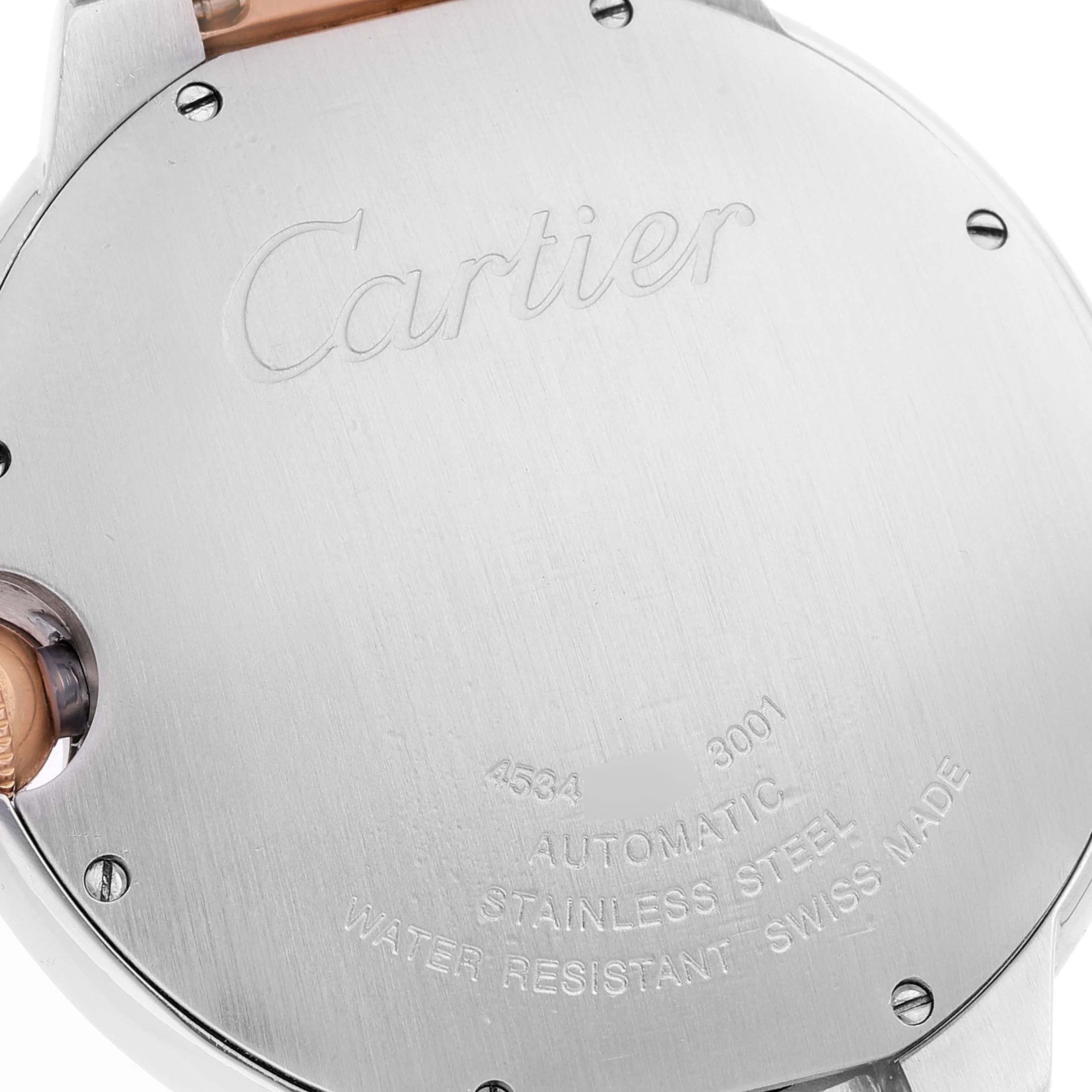 This image shows the back case of a Cartier Ballon Bleu W6920032 Men's Steel and Gold (two tone) Brown Dial W6920032 Men's Steel and Gold (two tone) Brown Dial watch, highlighting the brand engraving and model details.