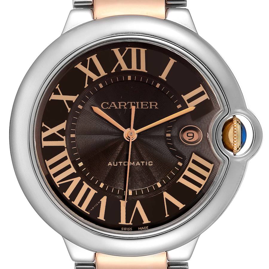 The Ballon Bleu de Cartier watch is shown from a front angle, displaying the dial, Roman numerals, hands, and date window.