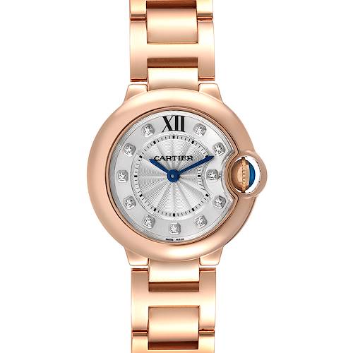 This image shows the front view of a Cartier Ballon Bleu WE902025 Women's Rose Gold Silver Dial WE902025 Women's Rose Gold Silver Dial watch, highlighting the dial, hands, and part of the gold bracelet.