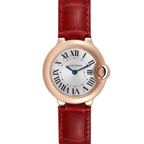 The image shows a front view of a Cartier Ballon Bleu W6900256 Women's Rose Gold Silver Dial W6900256 Women's Rose Gold Silver Dial watch featuring a round dial, Roman numerals, and a red leather strap.