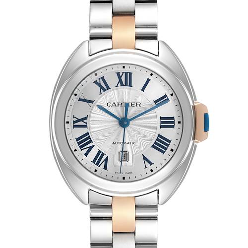 The Cartier Clé watch is shown from the front, displaying its dial, Roman numerals, hands, bezel, and bracelet.