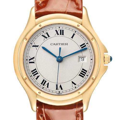 The Cartier Panthere W3500453 Men's Yellow Gold Silver Dial watch is shown from a front angle, displaying the face, gold casing, and part of the leather strap.