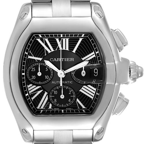 The image shows a front view of a Cartier Roadster W62020X6 Men's Stainless Steel Black Dial W62020X6 Men's Stainless Steel Black Dial watch, highlighting its dial, chronograph subdials, and metal bracelet.