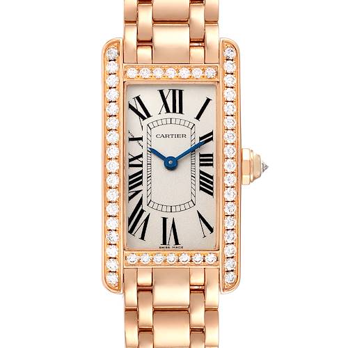 The image shows a front view of the Cartier Tank Américaine watch, highlighting the face, bezel, and part of the bracelet.