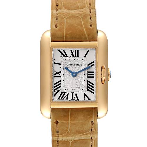 The image shows a Cartier Tank Anglaise W5310028 Women's Yellow Gold Silver Dial W5310028 Women's Yellow Gold Silver Dial watch from a front angle, highlighting its rectangular face, Roman numerals, and leather strap.