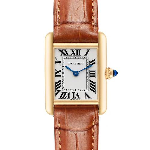 The image shows a front view of the Cartier Tank Louis W1529856 Women's Yellow Gold Silver Dial watch, displaying the dial, blue hands, and brown leather strap.