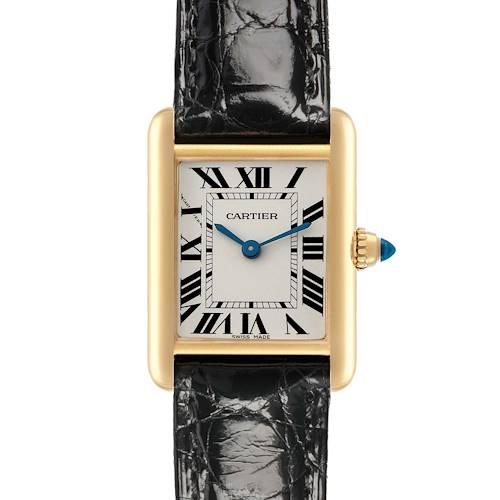 The Cartier Tank Louis W1529856 Women's Yellow Gold Silver Dial watch is shown from the front, highlighting its rectangular face, Roman numerals, and leather strap.