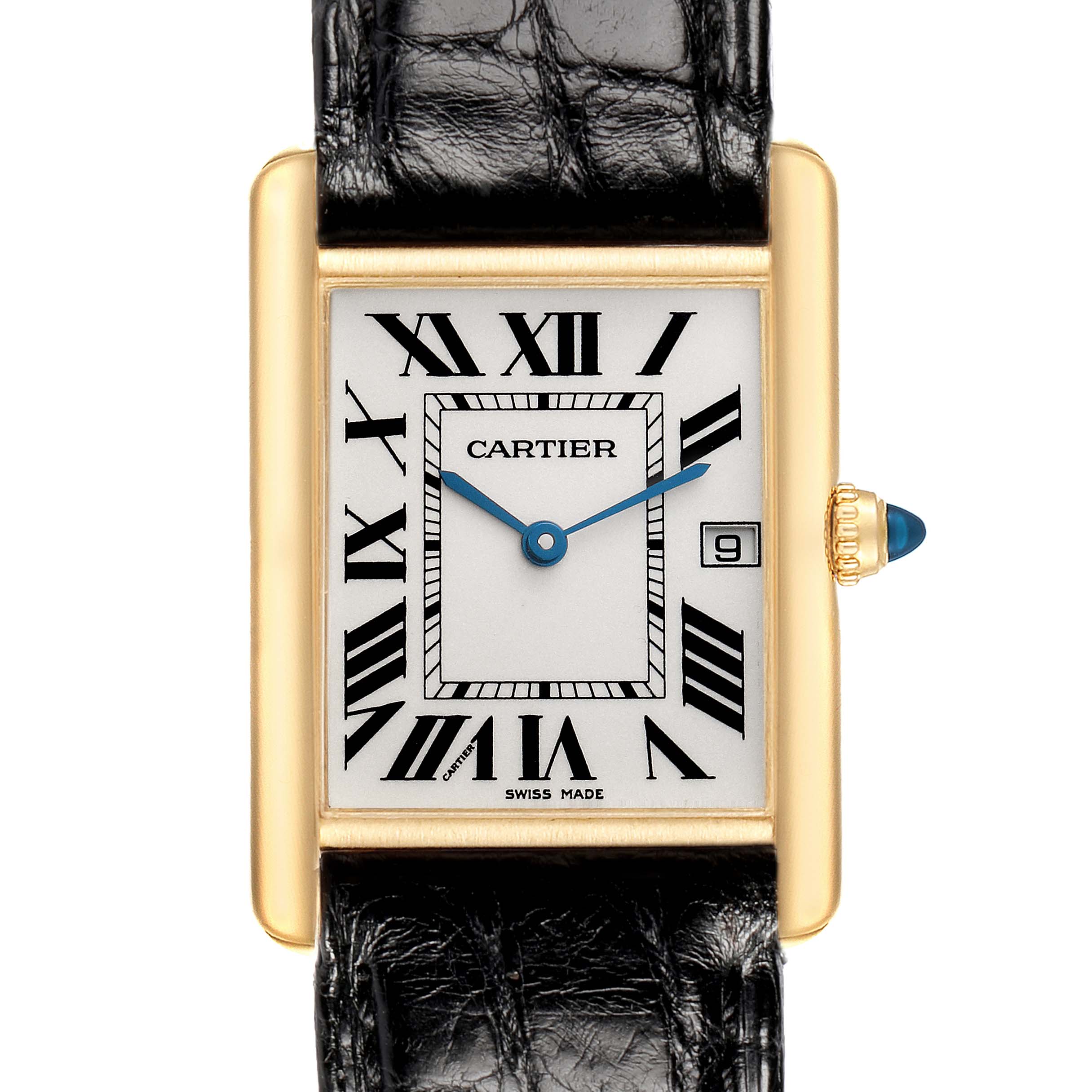 The Cartier Tank Louis W1529756 Men's Yellow Gold Silver Dial watch is shown front-facing, highlighting its gold case, white dial, blue hands, Roman numerals, and black strap.