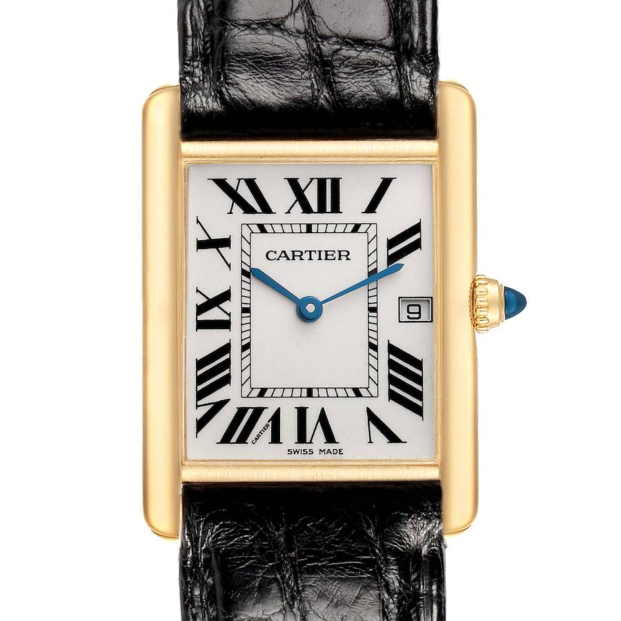The Cartier Tank Louis W1529756 Men's Yellow Gold Silver Dial watch is shown front-facing, highlighting its gold case, white dial, blue hands, Roman numerals, and black strap.