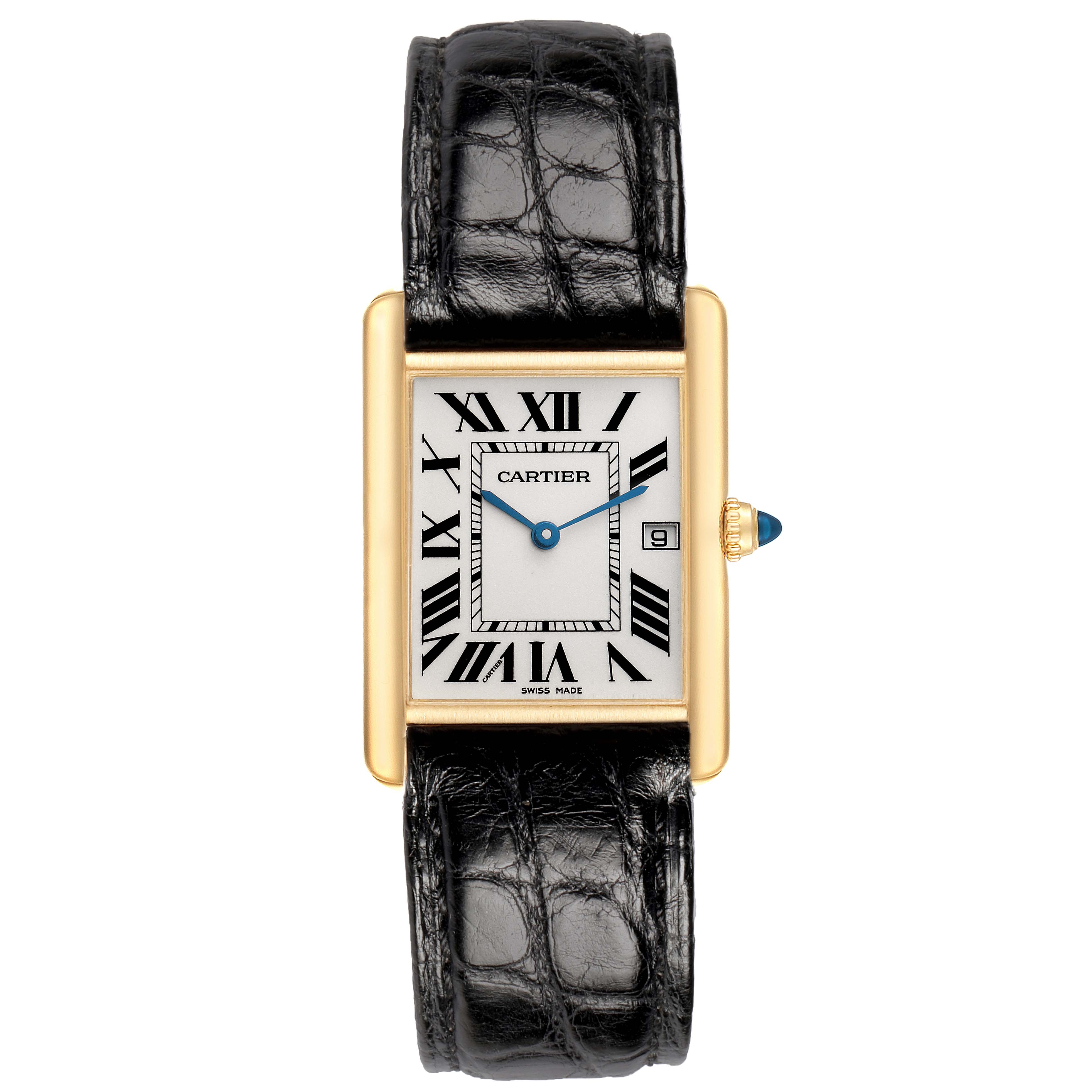 The Cartier Tank Louis W1529756 Men's Yellow Gold Silver Dial watch is shown from the front, displaying its rectangular face, Roman numerals, and black leather strap.