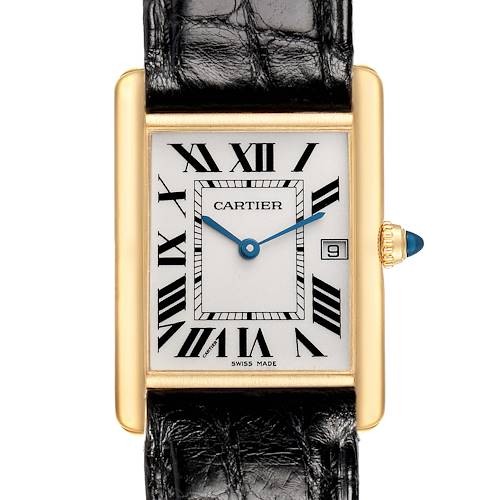 The Cartier Tank Louis W1529756 Men's Yellow Gold Silver Dial watch is shown from a front angle, displaying its rectangular face, Roman numerals, and leather strap.