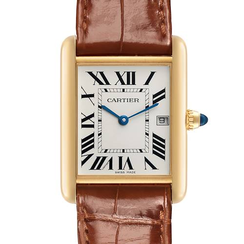 The Cartier Tank Louis W1529756 Men's Yellow Gold Silver Dial watch is shown from a frontal angle, displaying the dial, leather strap, and side crown.