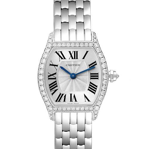 The image shows a front view of the Cartier Tortue WA501011 Women's White Gold Silver Dial WA501011 Women's White Gold Silver Dial model watch, highlighting its dial, Roman numerals, and linked bracelet.