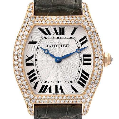 This image shows a frontal view of the Cartier Tortue WA503751 Women's Rose Gold Silver Dial WA503751 Women's Rose Gold Silver Dial watch, highlighting its Roman numeral dial, diamond-set bezel, and black leather strap.