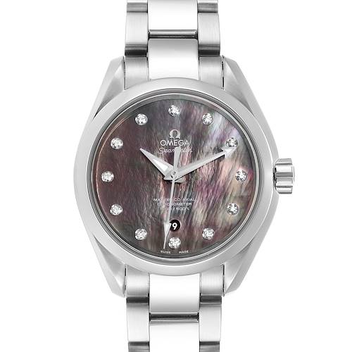 The Omega 231.10.34.20.57.001 Women's Stainless Steel Mother of Pearl Dial 231.10.34.20.57.001 Women's Stainless Steel Mother of Pearl Dial Aqua Terra 34 Diamond Ladies Watch 231.10.34.20.57.001 is shown from the front, displaying its face, bracelet, and dial.
