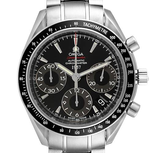 This image shows a frontal view of the Omega Speedmaster 323.30.40.40.01.001 Men's Stainless Steel Black Dial 323.30.40.40.01.001 Men's Stainless Steel Black Dial watch, highlighting the dial and tachymeter bezel.