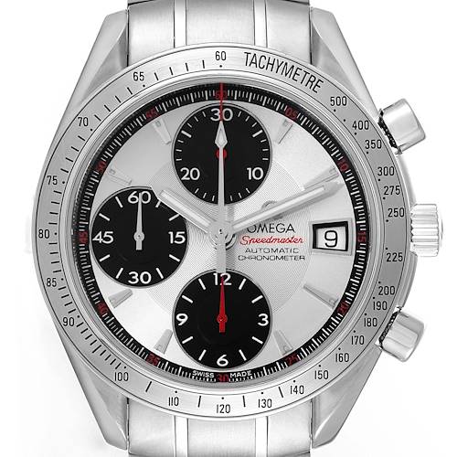 The image shows a front view of the Omega Speedmaster 3211.31.00 Men's Steel and Gold (two tone) Silver Dial 3211.31.00 Men's Steel and Gold (two tone) Silver Dial watch, highlighting its dial, tachymetre bezel, sub-dials, and date window.