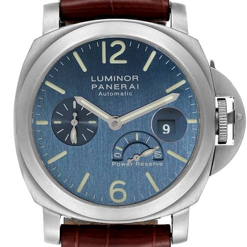 The image shows a frontal view of a Panerai Luminor PAM00093 Men's Titanium Blue Dial PAM00093 Men's Titanium Blue Dial model watch featuring a blue dial, power reserve indicator, date window, and brown leather strap.