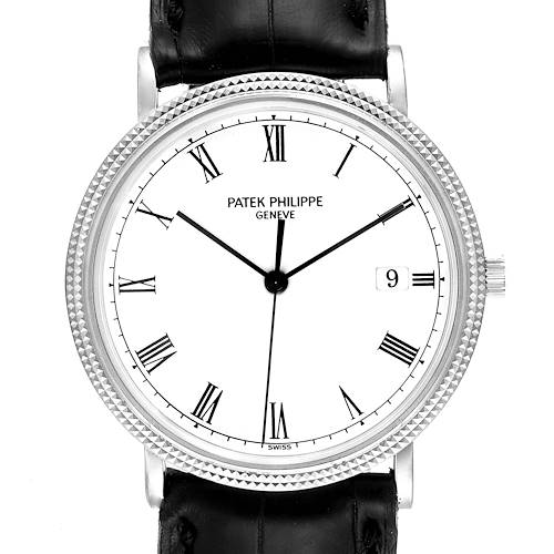 The image shows a front view of a Patek Philippe Calatrava 3944 Men's White Gold White Dial 3944 Men's White Gold White Dial watch, displaying its dial, bezel, crown, and strap.