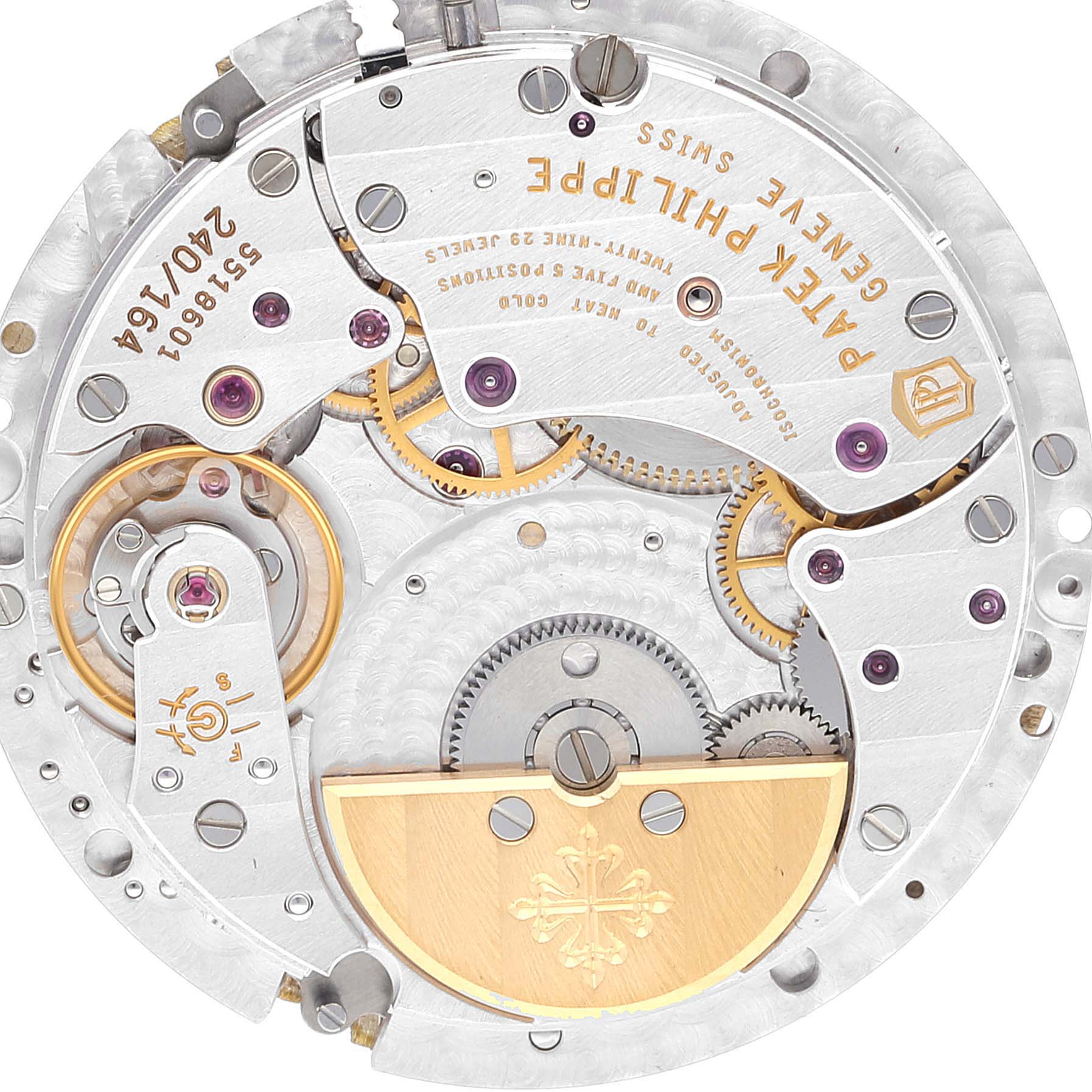 This image shows an overhead view of the intricate movement mechanism inside a Patek Philippe Nautilus 5712/1A-001 Men's Stainless Steel Blue Dial 5712/1A-001 Men's Stainless Steel Blue Dial watch.