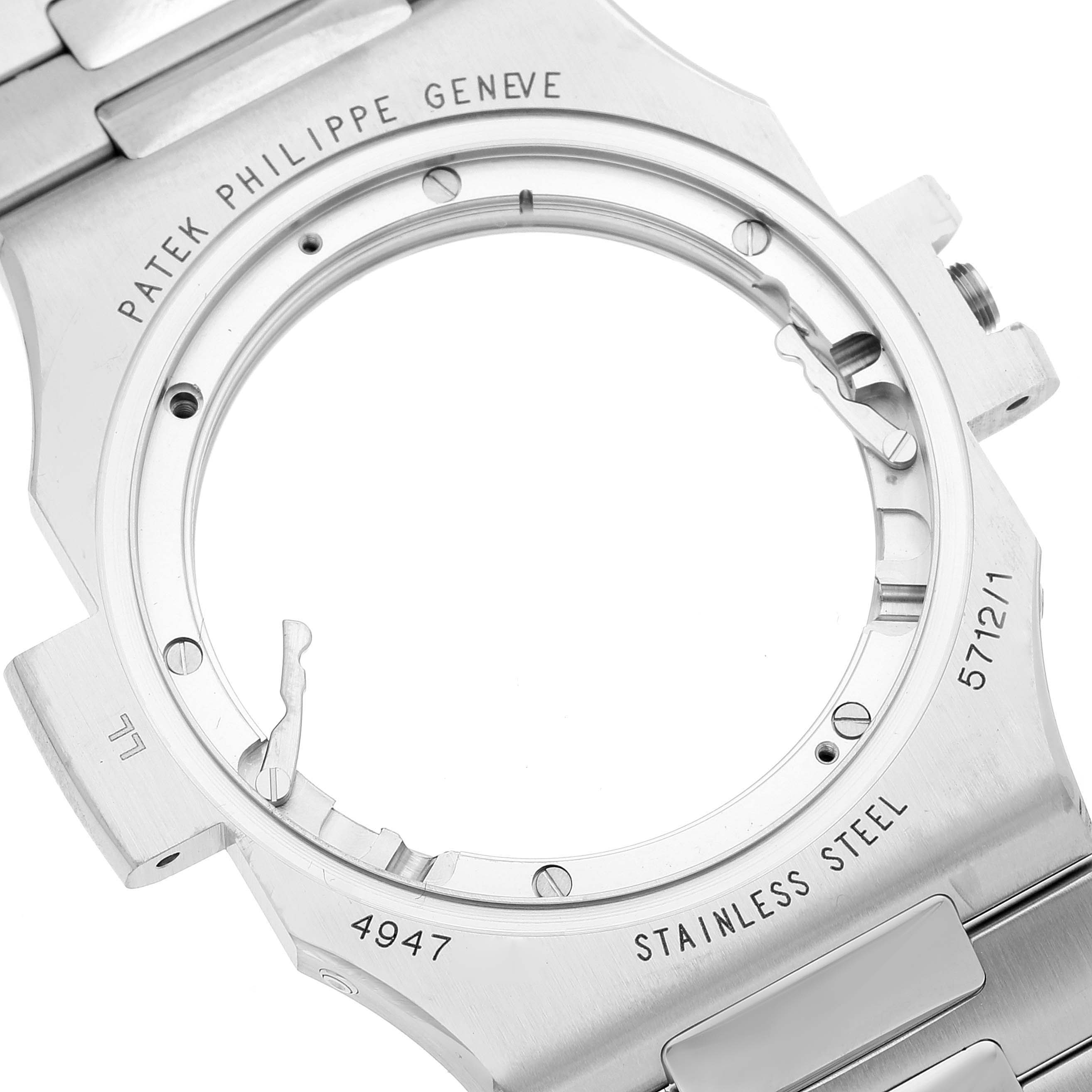 This image shows the stainless steel case and bracelet of a Patek Philippe Nautilus 5712/1A-001 Men's Stainless Steel Blue Dial 5712/1A-001 Men's Stainless Steel Blue Dial model, partial angle view without the dial or movement.