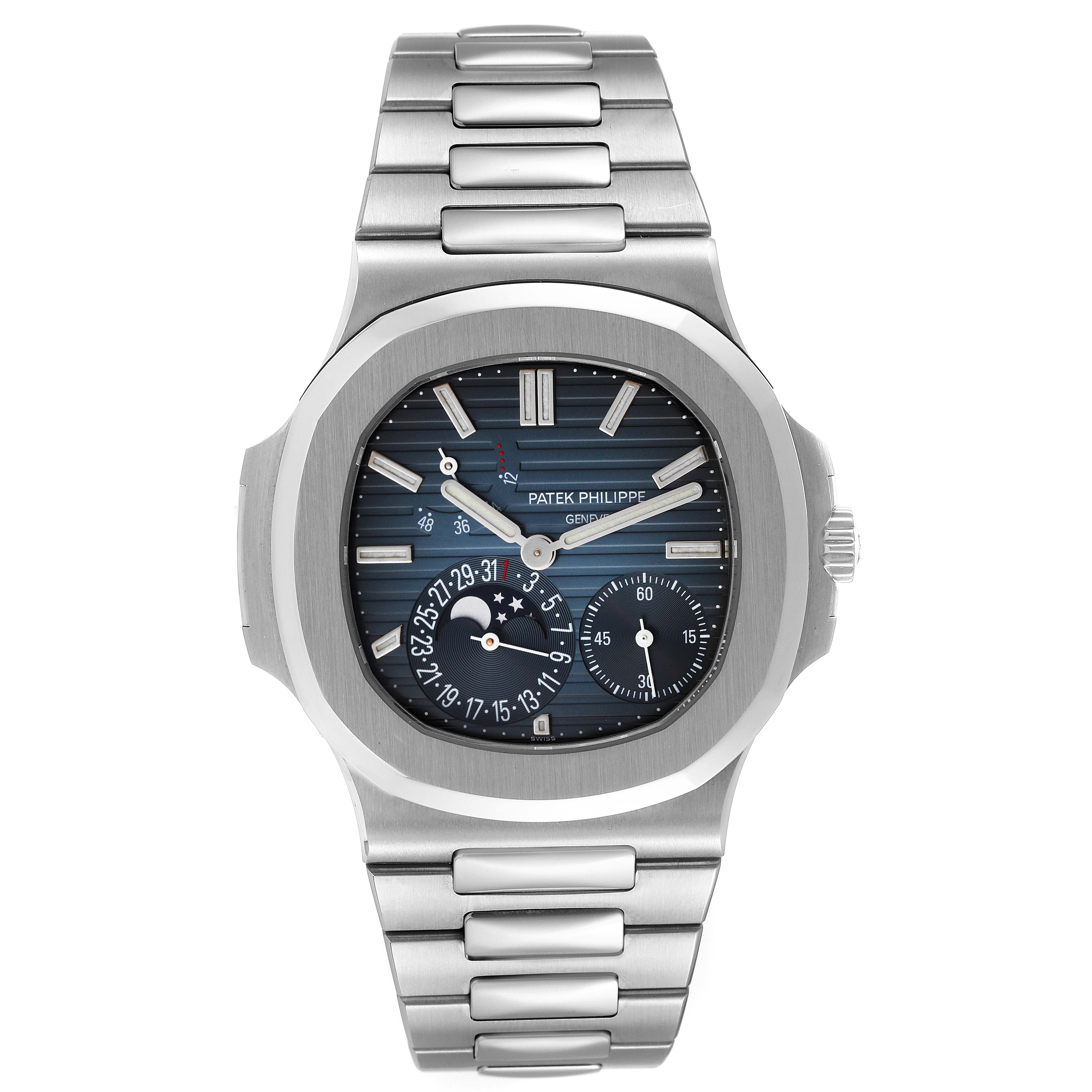 This image shows a front view of the Patek Philippe Nautilus 5712/1A-001 Men's Stainless Steel Blue Dial 5712/1A-001 Men's Stainless Steel Blue Dial watch displaying its blue dial and stainless steel bracelet.