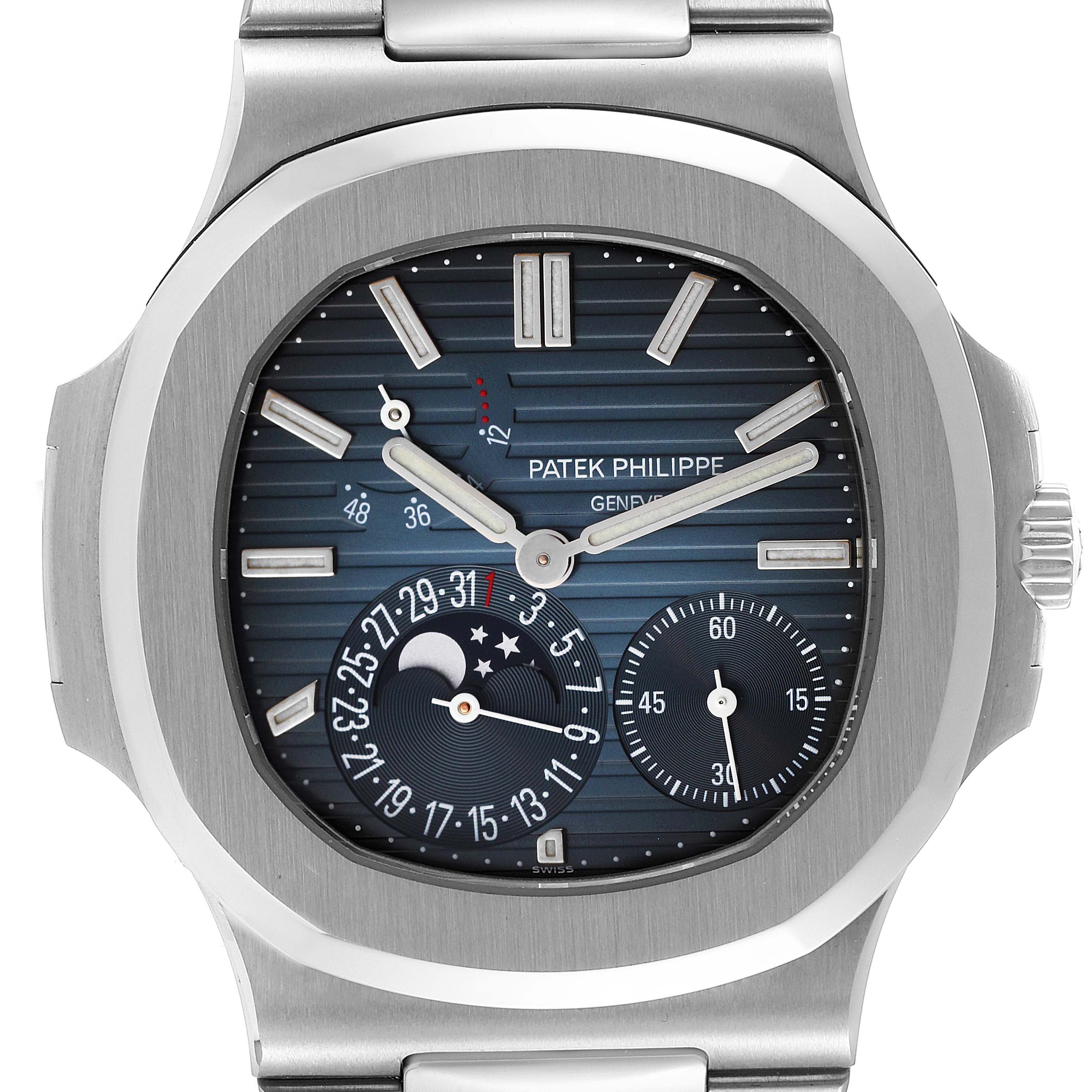 This image shows the front view of a Patek Philippe Nautilus 5712/1A-001 Men's Stainless Steel Blue Dial 5712/1A-001 Men's Stainless Steel Blue Dial watch, highlighting its dial, subdials, and bezel.