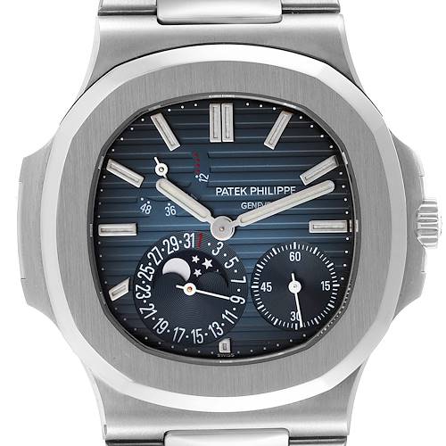This image shows a front view of the Patek Philippe Nautilus 5712/1A-001 Men's Stainless Steel Blue Dial 5712/1A-001 Men's Stainless Steel Blue Dial watch with its blue dial and various subdials.