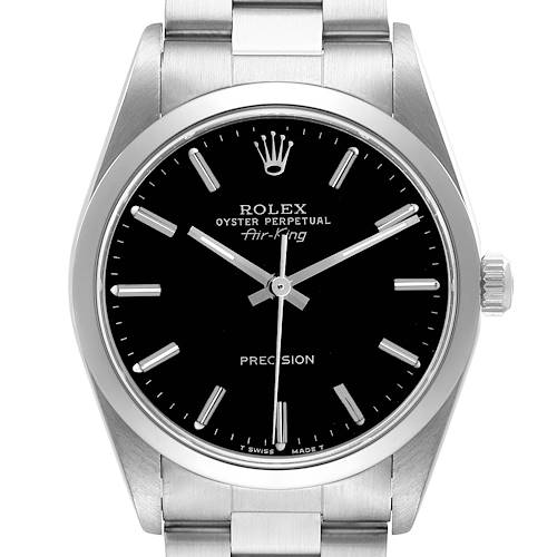 The Rolex Air-King 14000 Men's Stainless Steel Black Dial watch is shown from a front angle, displaying its dial, hands, crown, and part of the bracelet.