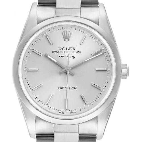The Rolex Air-King 14000 Men's Stainless Steel Silver Dial watch is shown from the front, highlighting the dial, hour markers, hands, crown, and part of the bracelet.