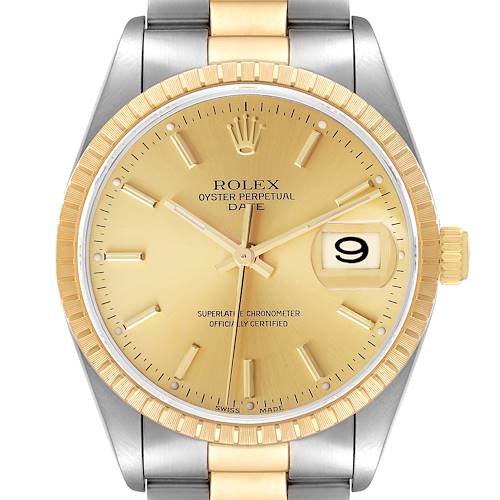 This image shows a frontal view of a Rolex Oyster Perpetual Date watch, displaying its face, bezel, and part of the bracelet.