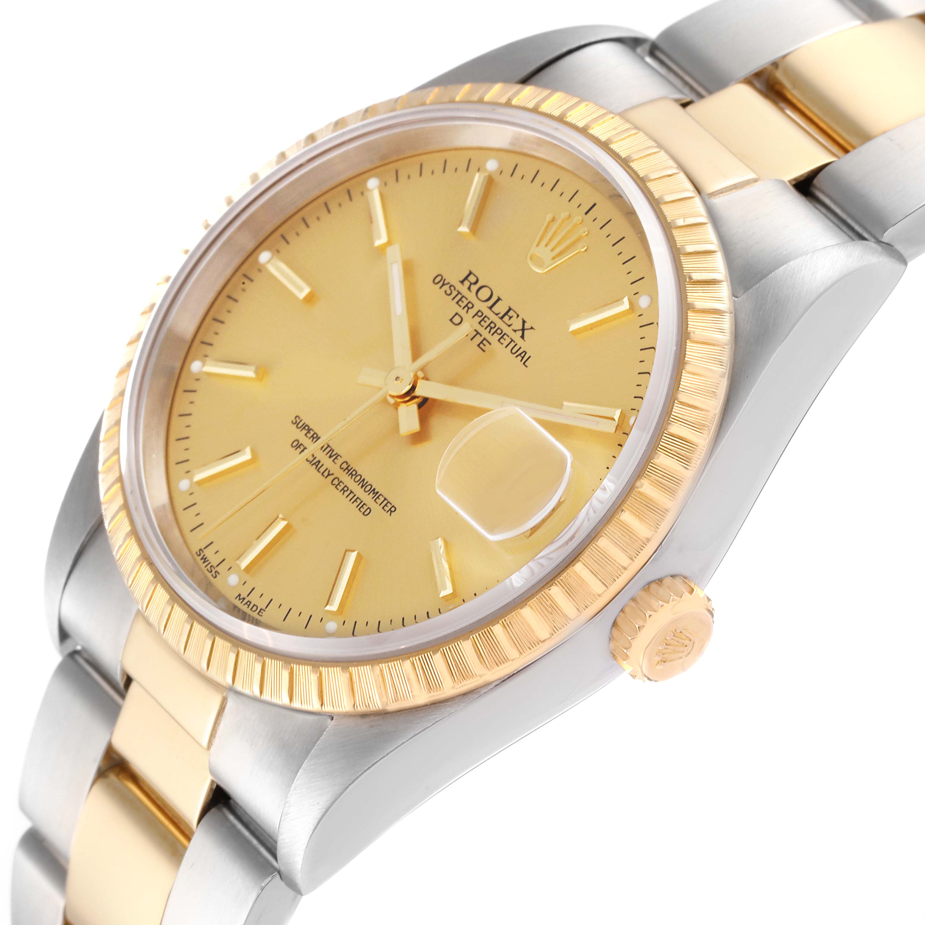 The Rolex Date 15223 Men's Steel and Gold (two tone) Champagne Dial 15223 Men's Steel and Gold (two tone) Champagne Dial model watch is shown at an oblique angle, highlighting the dial, crown, bracelet, and date magnifier.