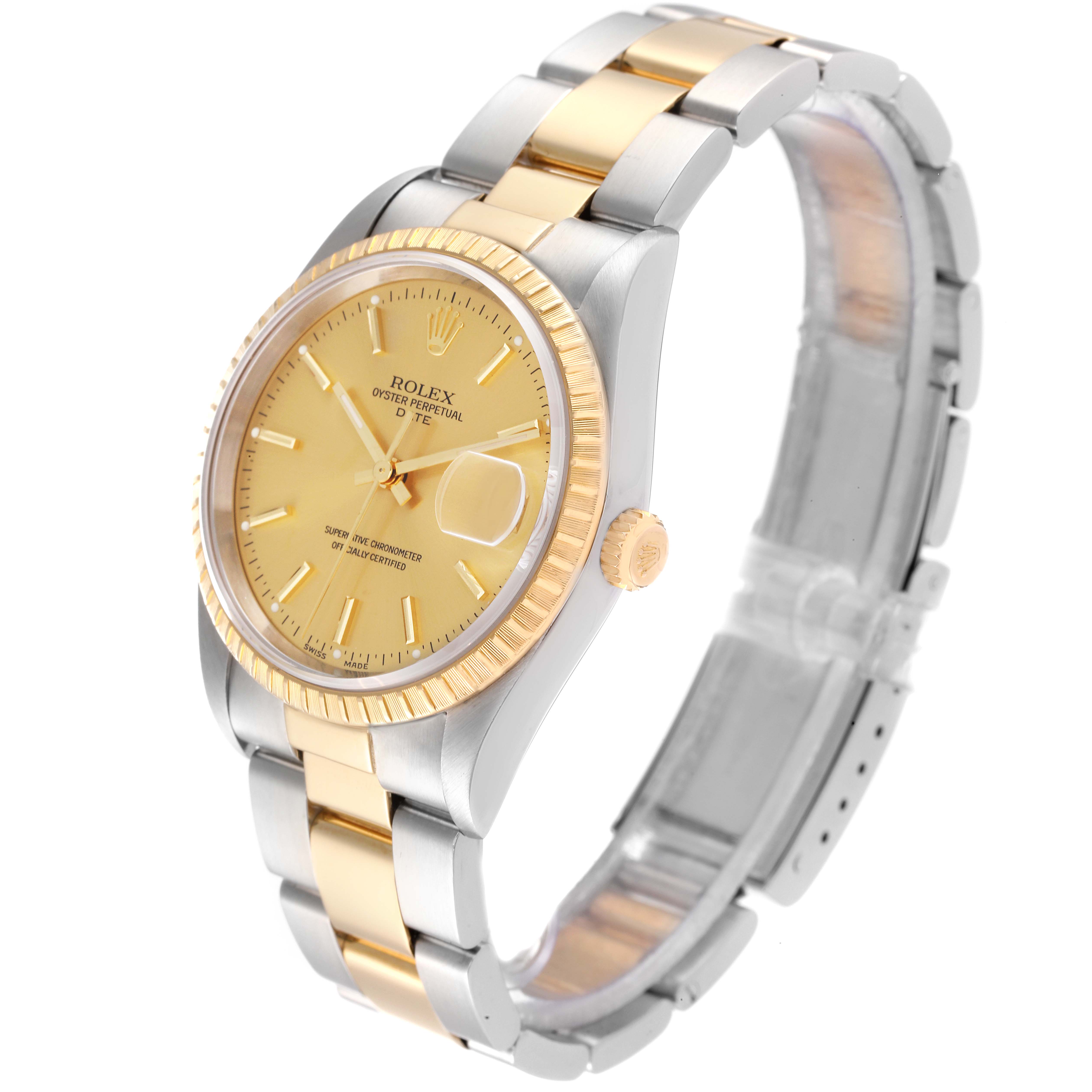 The Rolex Date 15223 Men's Steel and Gold (two tone) Champagne Dial 15223 Men's Steel and Gold (two tone) Champagne Dial model is shown at an angled view, displaying the face, bezel, crown, and two-tone bracelet.